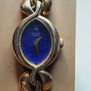 Vtg Pulsar Goldtone/Blue Lapis Stainless Steel Women's Watch